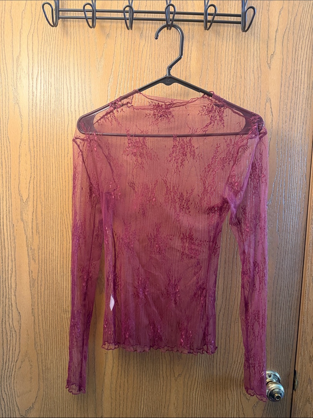Sheer Lace Long-Sleeve Top - Burgundy